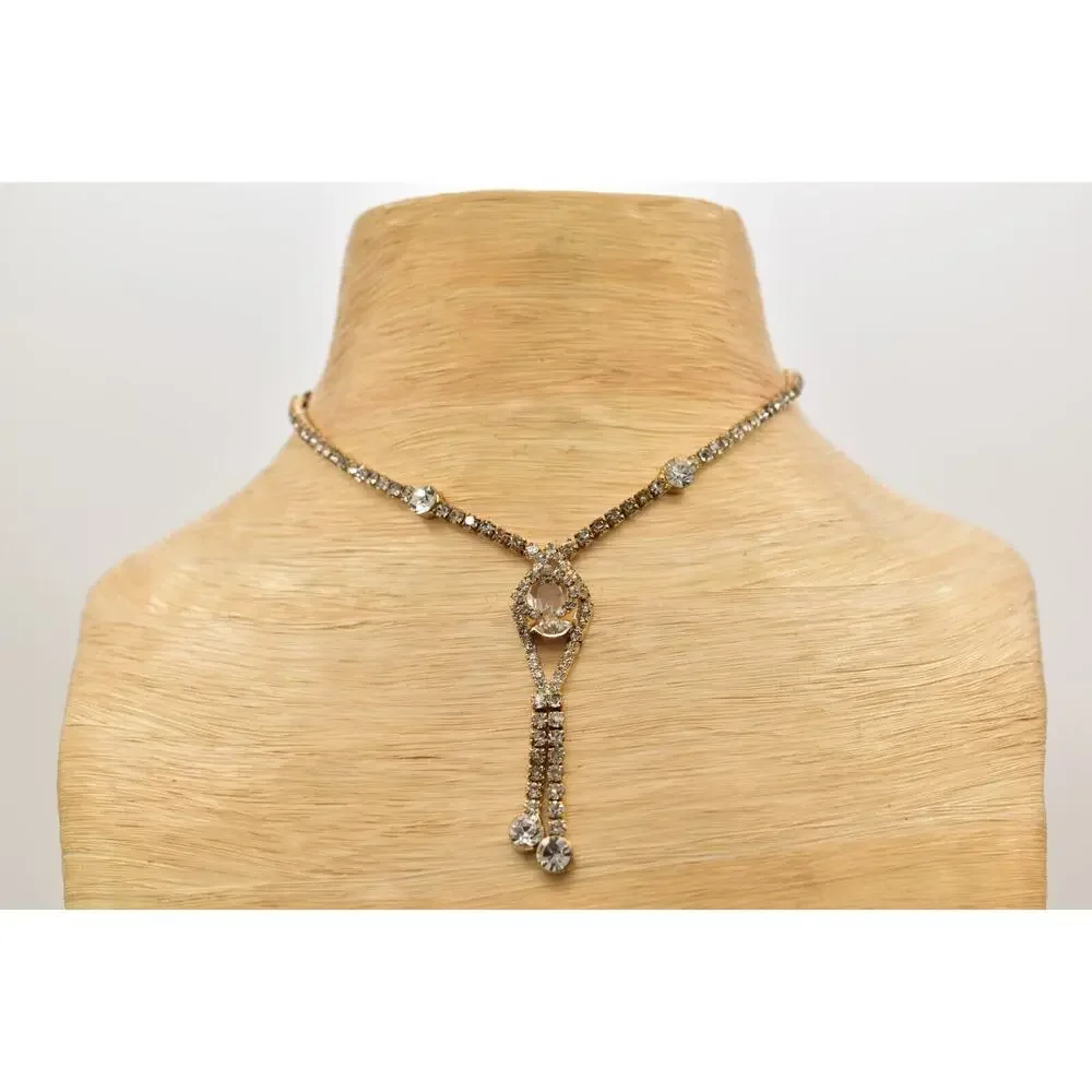 Vintage Crystal Collar Necklace Y Drop Prong Rhinestone Gold Tone Shiny BinBD